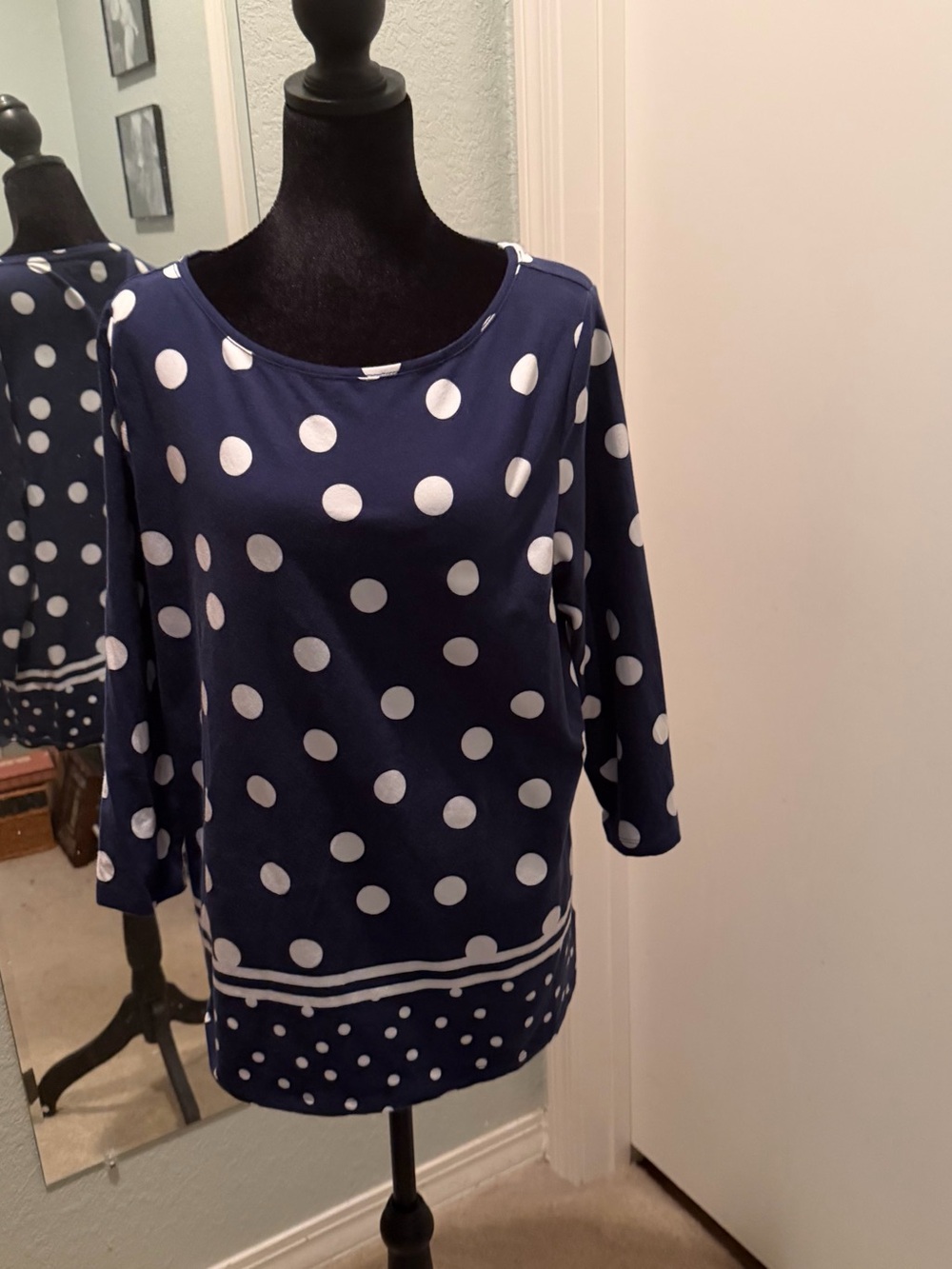 Talbots Navy and White Polka Dot Long Sleeve Top